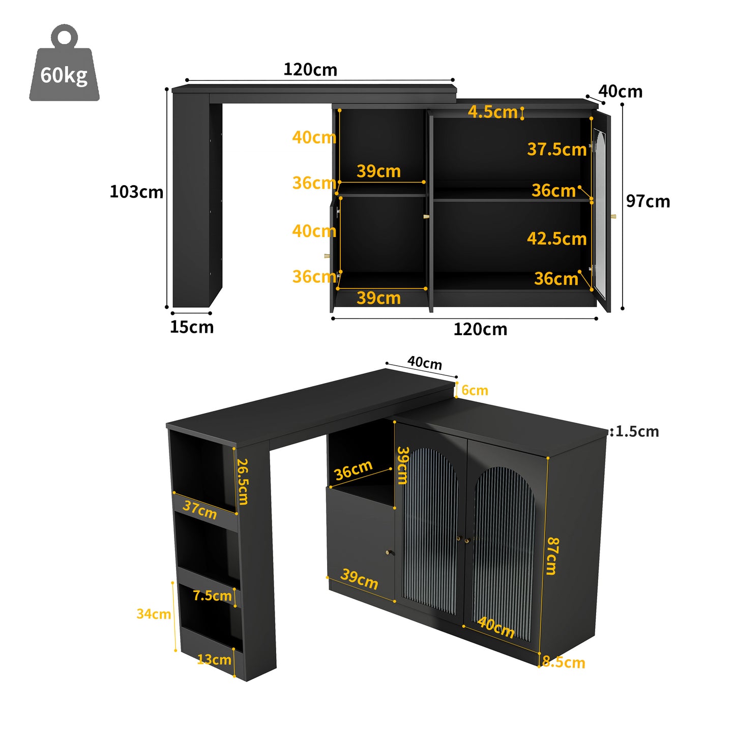 Ontbijtbar – Keukenbar – Barschrank – Werkblad – Rotatiebar Zwart – 360° Draaibaar Zijpaneel – MDF Met Glasfront 120x40x97 cm