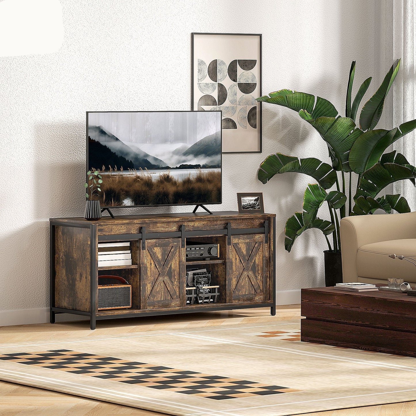 tv meubel – tv kast – tv dressoir – lowboard – mediameubel – Industriële stijl – 120x40x54 cm – Geschikt voor tv’s tot 60 inch – Massief hout met metalen frame