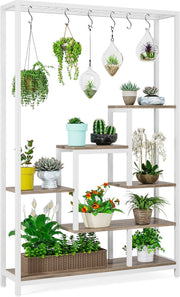 Plantenrek - Plantenstandaard - Plantenrek voor Binnen en Buiten - Plantenrek met 5 Niveaus en 10 S-haken - Wit en Grijs - 100 x 30 x 180 cm