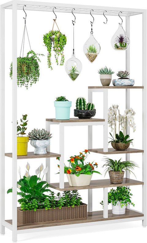 Plantenrek - Plantenstandaard - Plantenrek voor Binnen en Buiten - Plantenrek met 5 Niveaus en 10 S-haken - Wit en Grijs - 100 x 30 x 180 cm