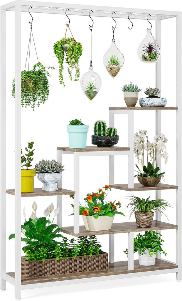 Plantenrek - Plantenstandaard - Plantenrek voor Binnen en Buiten - Plantenrek met 5 Niveaus en 10 S-haken - Wit en Grijs - 100 x 30 x 180 cm
