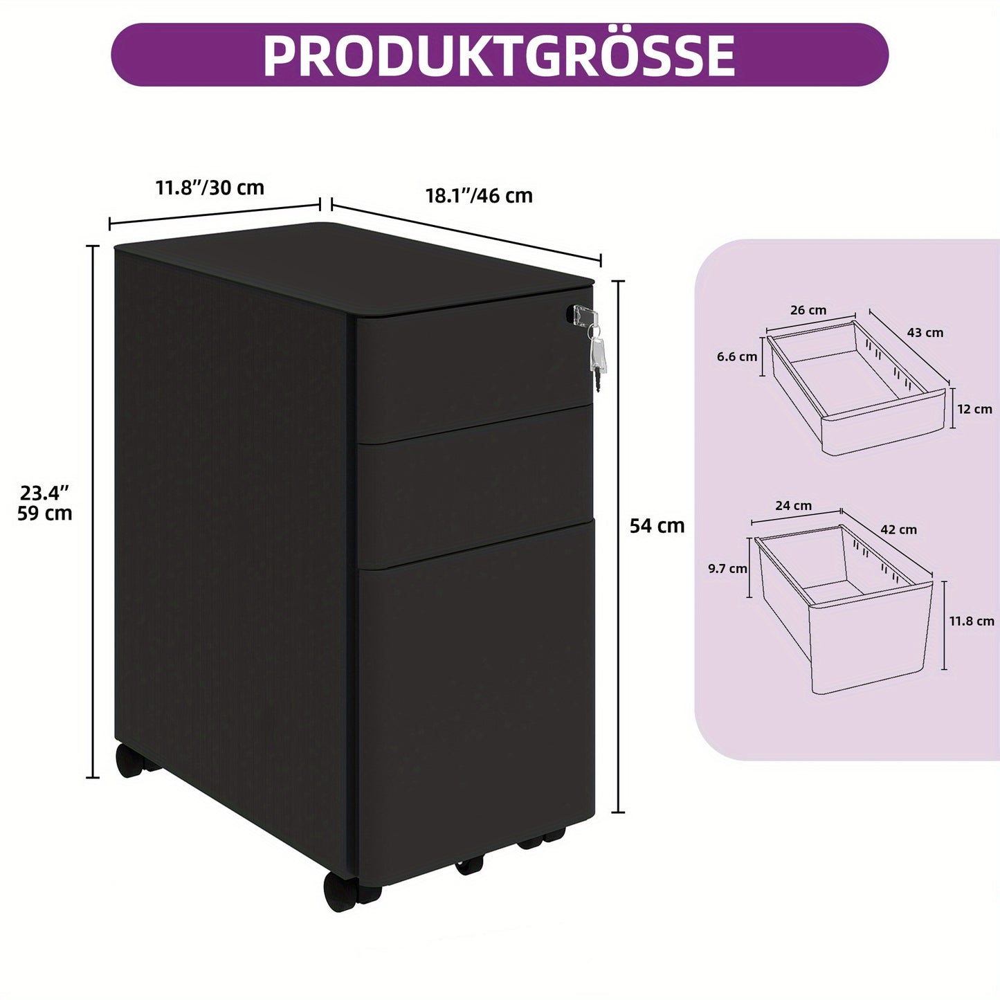 Ladekast – Ladenkast – Opbergkast – Dressoir – Documentenkast – Metalen Kastje – 3 Afsluitbare Lades – Mobiel Met Zwenkwieltjes