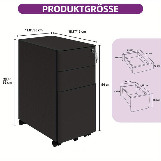Ladekast – Ladenkast – Opbergkast – Dressoir – Documentenkast – Metalen Kastje – 3 Afsluitbare Lades – Mobiel Met Zwenkwieltjes