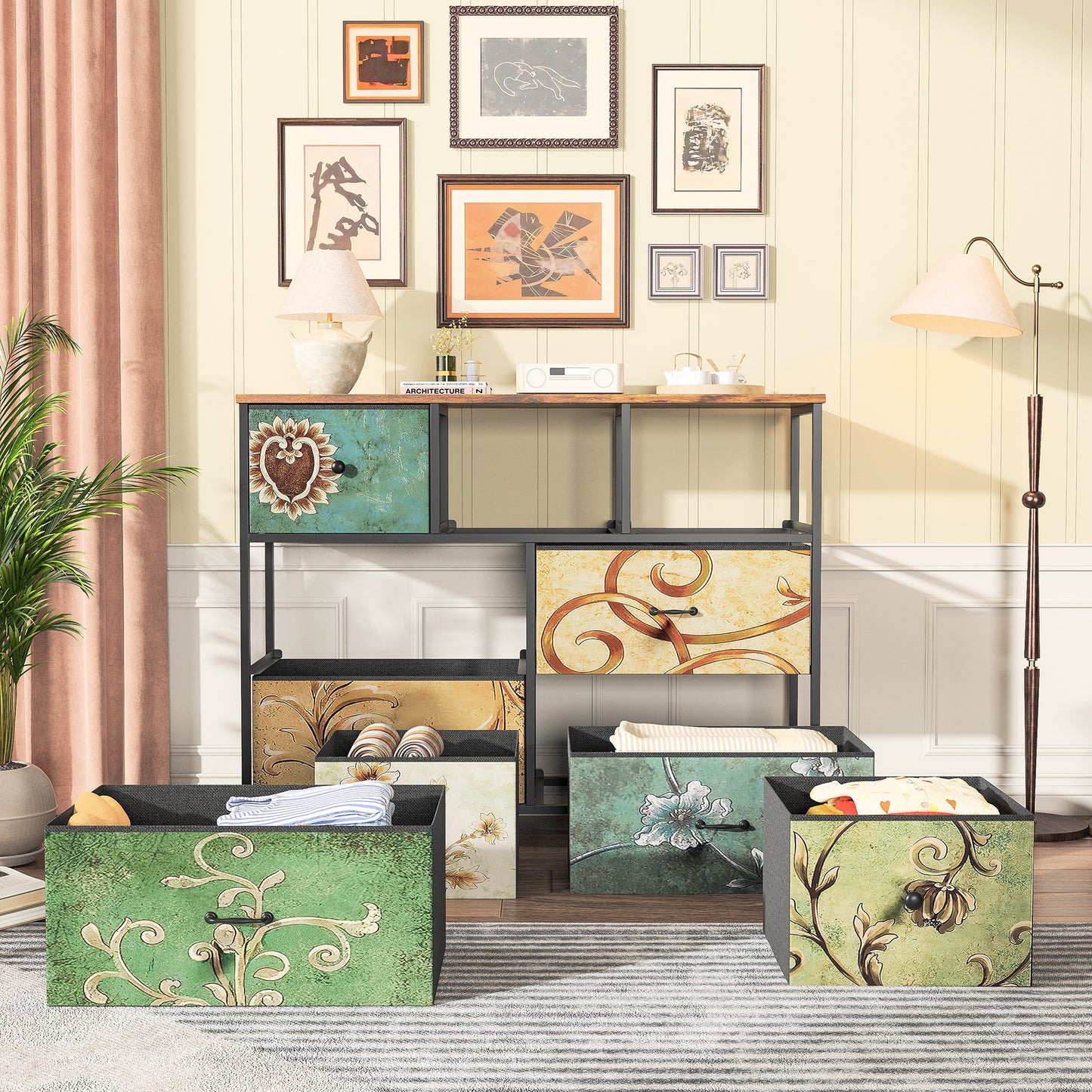Commode – Ladekast – Dressoir – Kast – Opberger – Retro Patroon – 7 Stoffen Lades – Metaal Frame Met Houten Blad