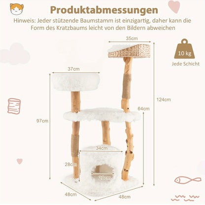 Kattentoren Krabpaal Krabboom Kattenboom Krabmeubel – Twee Platforms – Gevlochten Hoogzit Bolletjes – Kattenhol – 124 cm Hoog – Stevig Perenhouten Frame