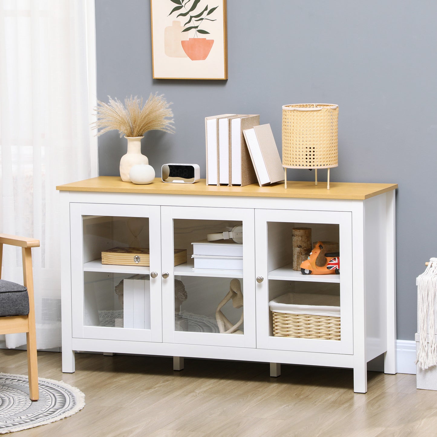 Opbergkast – Dressoir – Buffettafel – Kast met Deuren – Wit – 3 Glazen Deuren – 2 Verstelbare Planken – Licht Houten Blad – 120x40x70 cm