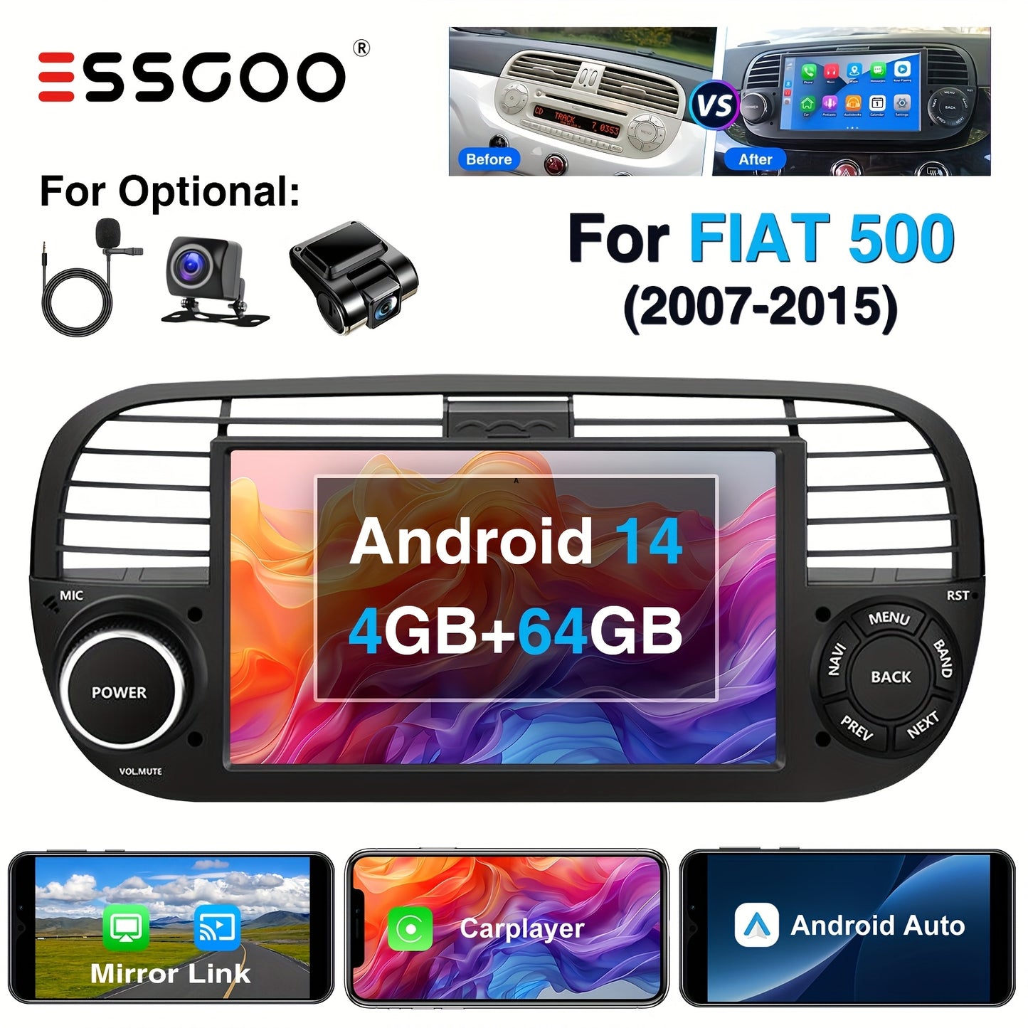 ESSGOO 4G+64G Auto Radio Android 14 Car Stereo Multimedia Player 2 DIN 7 inch/17.78cm HD Screen For Fiat 500 2007-2015 With Wireless Carplayer, Android Auto, WiFi FM RDS USB SWC CANBUS (AHD Camera&Microphone&DVR for optional)