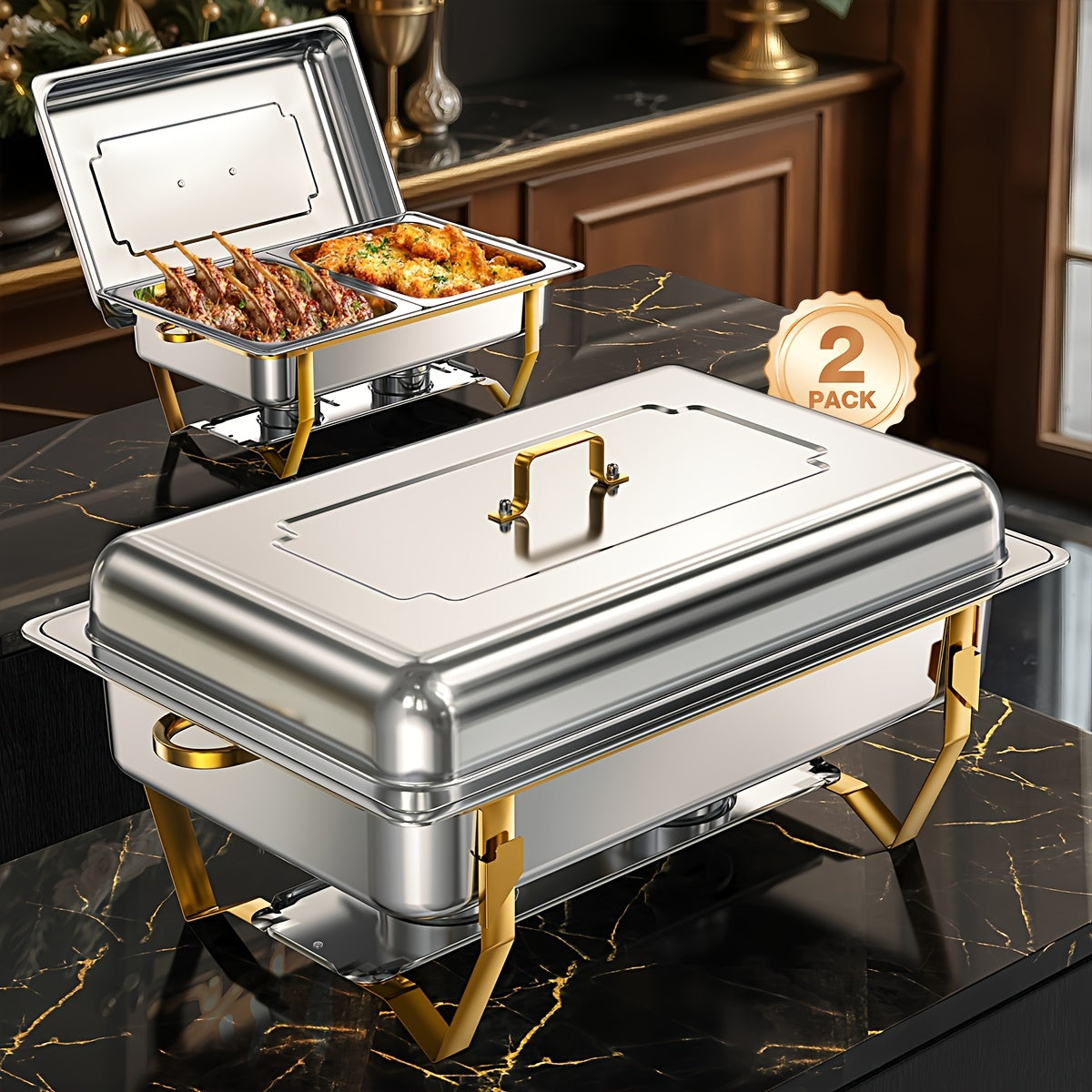 Buffetwarmer – Chafing Dish – Warmhoudbak – Voedselwarmer – Cateringpan – RVS Goudkleurig – Inklapbaar Frame – Voedselveilig 9L Set (2 stuks)