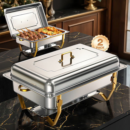 Buffetwarmer – Chafing Dish – Warmhoudbak – Voedselwarmer – Cateringpan – RVS Goudkleurig – Inklapbaar Frame – Voedselveilig 9L Set (2 stuks)
