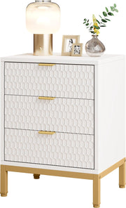 Nachtkastje - Houten Nachtkastjes - Nachtkastje met 3 Lades - Wit en Goud - Nachtkastjes Modern - 40 x 50 x 65.5 cm