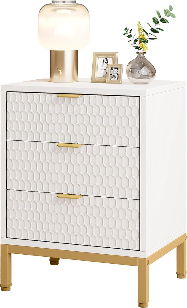 Nachtkastje - Houten Nachtkastjes - Nachtkastje met 3 Lades - Wit en Goud - Nachtkastjes Modern - 40 x 50 x 65.5 cm