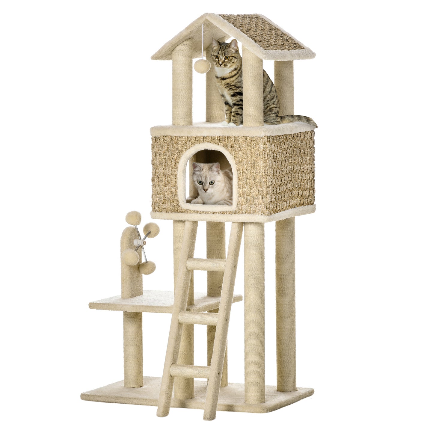 Krabpaal – Kattenboom – Kattenhuis – Krabmeubel – Krabton – Sisal Krabmateriaal – 69x40x131 cm – Crème/Kaki