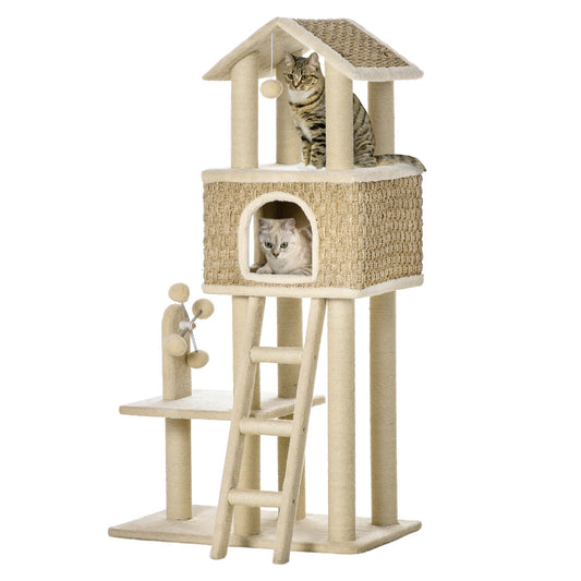 Krabpaal – Kattenboom – Kattenhuis – Krabmeubel – Krabton – Sisal Krabmateriaal – 69x40x131 cm – Crème/Kaki