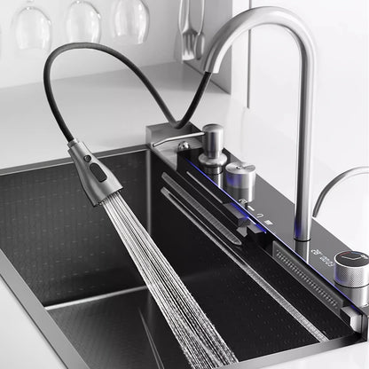 A European-Style Stainless Steel Single-Bowl Kitchen Sink with Waterfall Faucet, Digital Display Screen, Honeycomb Nano Worktop, Multifunctional Top Installation, Undermount, Right Drainage, Including Faucet, No Need for Batt