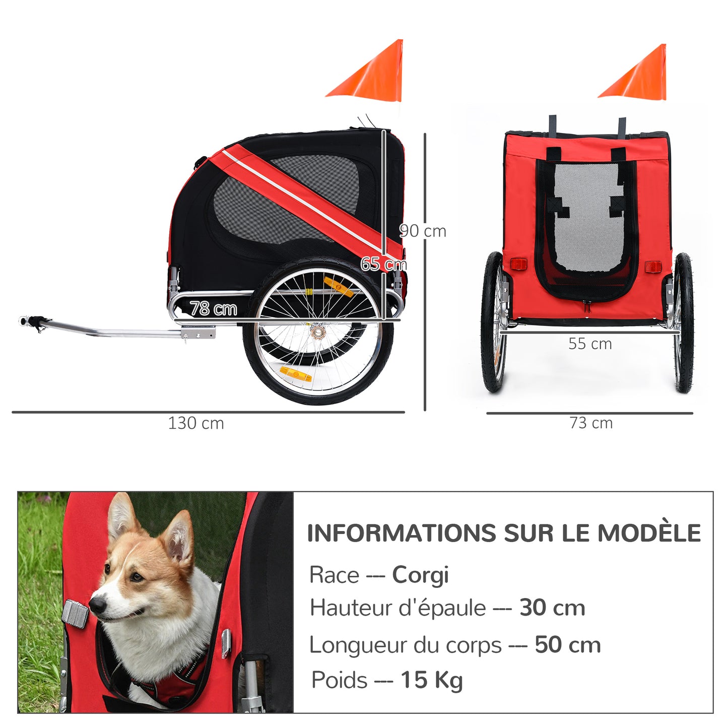 Fietskar Hond – Hondenfietsaanhanger – Fietstrailer Hond – Hondenkar – Draagbare Hondentrailer – Veilig En Ruim – Waterdicht Stalen Frame – Max 30 kg – Inclusief Reflectoren En Rode Vlag – Zwart