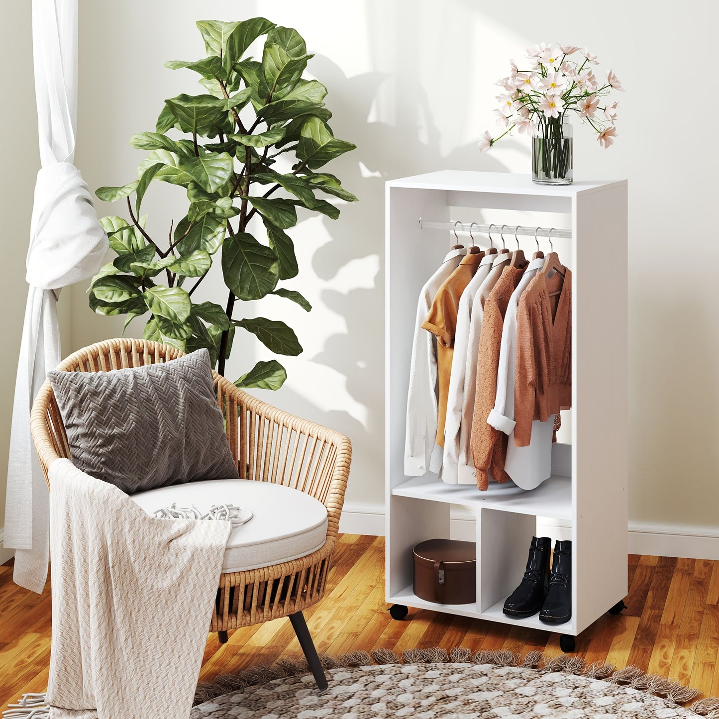 Witte Bamboe Kledingkast – Kledingrek – Opbergkast – Woonkamerkast – Dressoirkast – Met 4 Wieltjes – Ruimtebesparend Design – 127 cm Hoog – 3,2 Kubieke Voet Opbergruimte