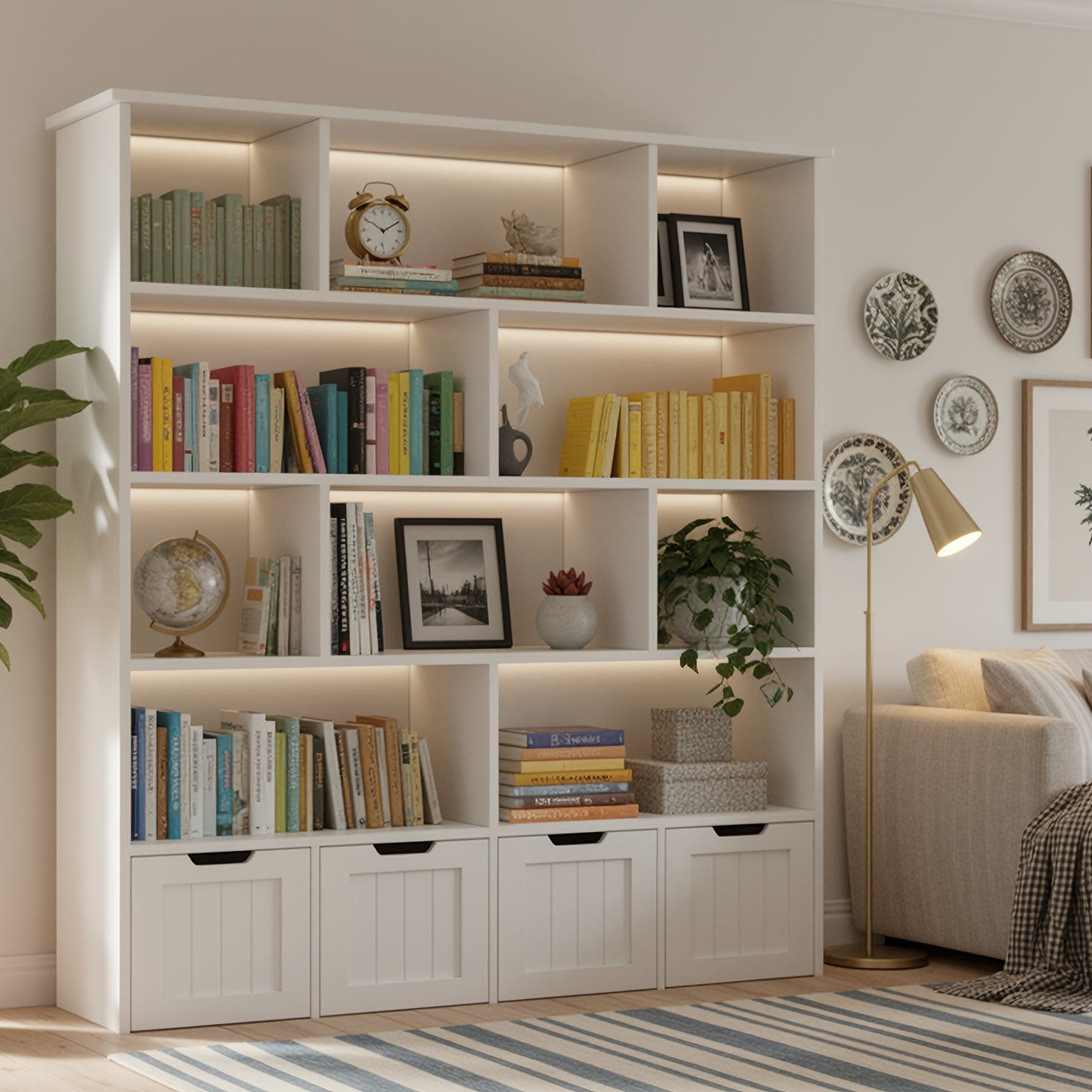 Boekenkast – Opbergkast – Boekenrek – Vakkenkast – Opbergmeubel – Houten 5-laags kast – 4 Lades – Vergrendelbaar – 69 cm Hoog – Roze Afwerking