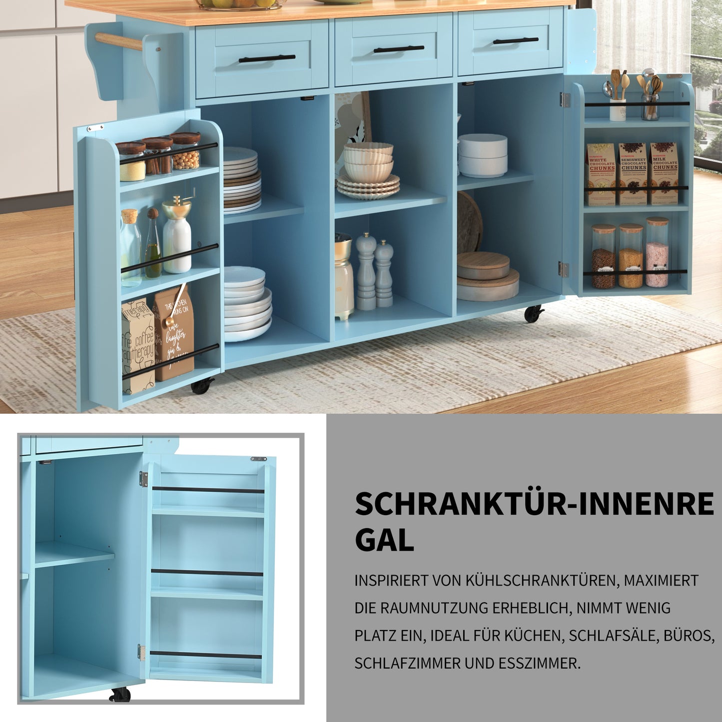 Keukenkar – Serveerwagen – Werktafel – Eettafel – Opbergkast – Uitklapbaar Werkblad – Houtnerf Afwerking – 139×46(71)×91,5 cm – Mobiel Met Wieltjes Of Stevig Houten Onderstel – Veelzijdige Keukenopslag