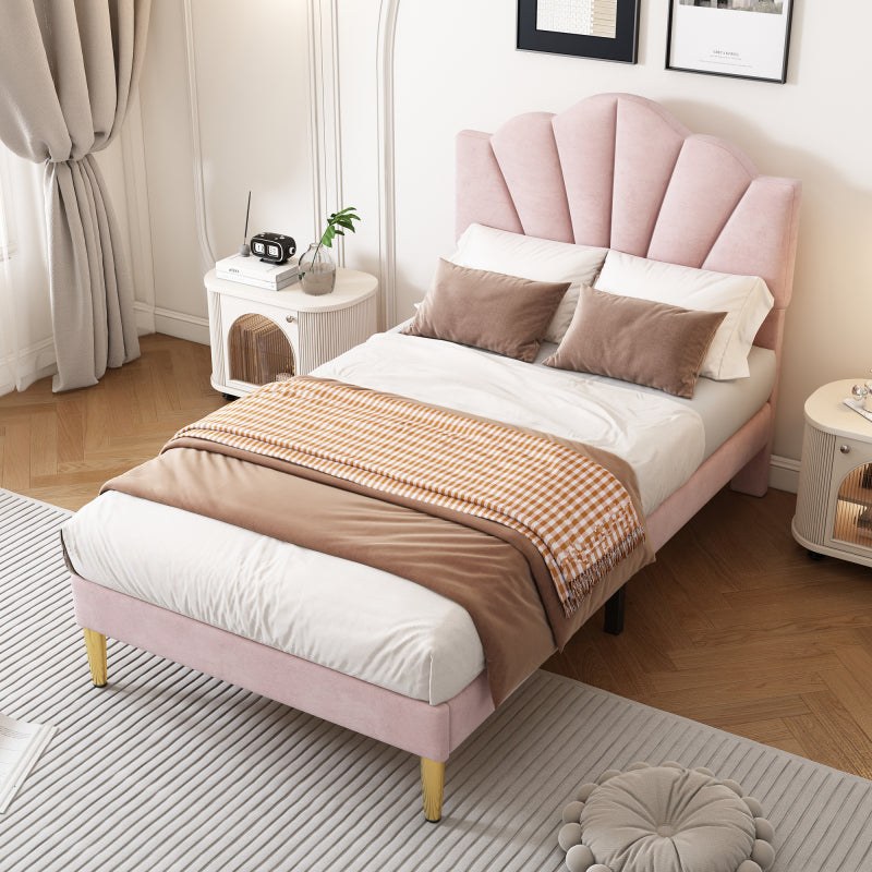 Eenpersoonsbed – Eenpersoonsbedden – Kinderbed – Opbergbed – Slaapbank – Gestoffeerd Roze Fluweel – Verstelbaar Schelpvormig Hoofdbord – Lattenbodem Hout 90x200 cm