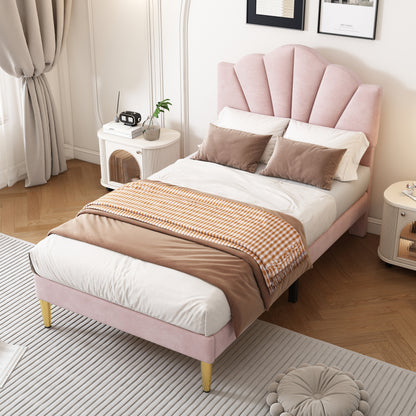 Eenpersoonsbed – Eenpersoonsbedden – Kinderbed – Opbergbed – Slaapbank – Gestoffeerd Roze Fluweel – Verstelbaar Schelpvormig Hoofdbord – Lattenbodem Hout 90x200 cm