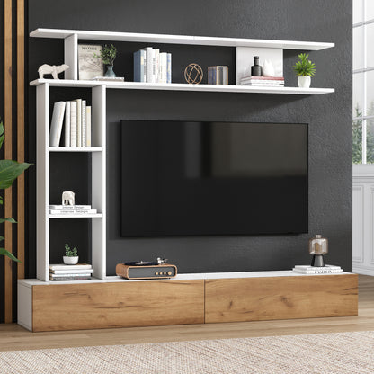 TV Meubelset – TV Meubel – Woonkamermeubel – Wandmeubel – Opbergkast – 180 cm breed – Wit en Hout – Geschikt tot 80 inch