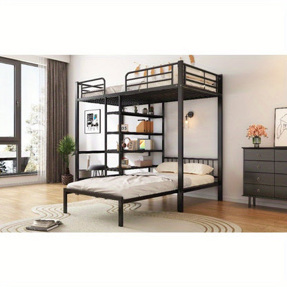Stapelbed – Etagebed – Kinderbed – Hoogslaper – Kinderstapelbed – Met Bureau en Opbergruimte – Metalen Frame – 90x200 cm – Veiligheidshekken – Ladder – Zwart