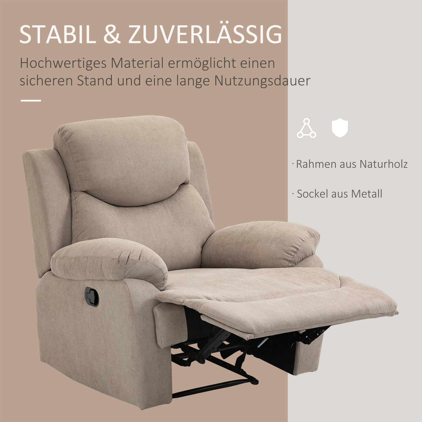 Relaxfauteuil – Fauteuil – Loungestoel – Slaapstoel – Tv-stoel – Ergonomisch Design – Linnen Bekleding Beige – Met Metalen Onderstel – 93 x 88 x 102 cm