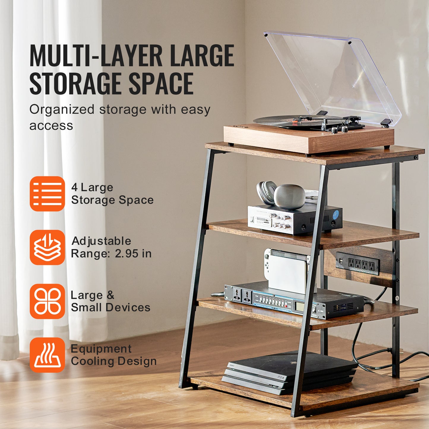 AV Media Stand – Audio Video Meubel – Tv Kast – Entertainment Rack – Multimedia Meubel – 4-Lagen Design – LED Verlichting & Ingebouwde Stopcontacten
