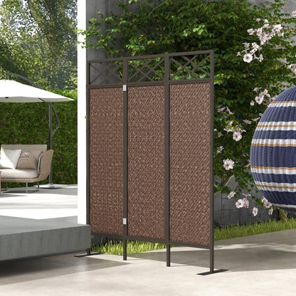 Roomdivider – Scheidingswand – Kamerscherm – Tuinscherm – Privacy Scherm – Vintage Design – Handgeweven PE Rattan – Weerbestendig Stalen Frame – 3 Panelen 148x33x181 cm – Bruin Zwart