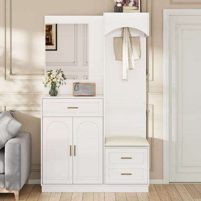 Gangkast – Halmeubel – Garderobekast – Opbergkast – Schoenenkast – Modern Design – Compact Met Spiegel – Witte Kast Met Gouden Accenten