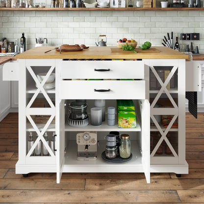 Mobile Kitchen Island with Wheels Castors - Adjustable Shelves & 2 Drawers, 4-Door Cabinet (2 Glass Doors), Compact Rolling Cart Suitable for Small Spaces, Assembly, Modern