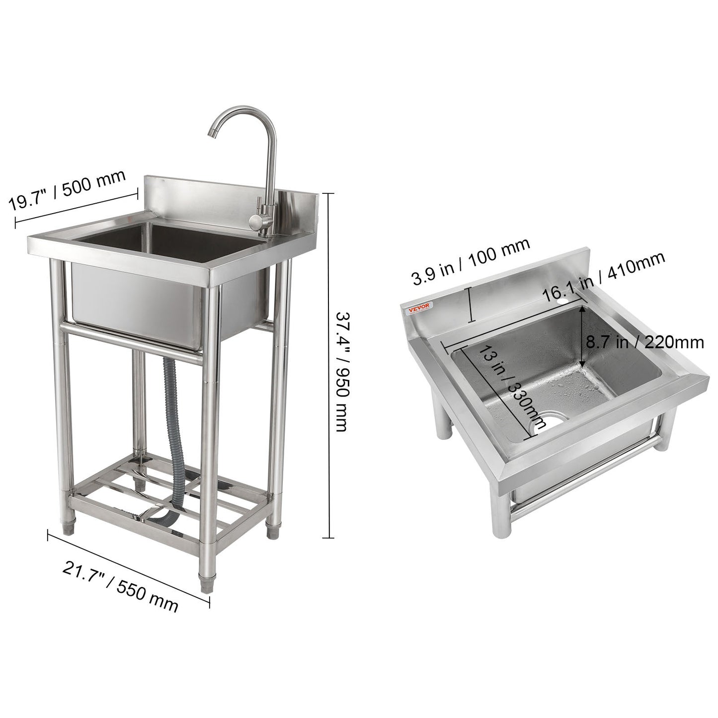Utility Spoelbak – RVS Spoelbak – Inbouw Spoelbak – Werkplaats Wastafel – Keukenbak – Compact Formaat 40x33x22 cm – Inclusief Kraan en Onderstel