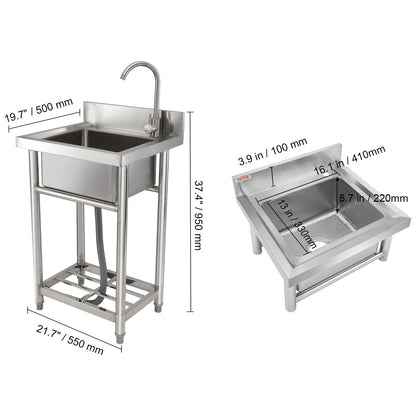 Utility Spoelbak – RVS Spoelbak – Inbouw Spoelbak – Werkplaats Wastafel – Keukenbak – Compact Formaat 40x33x22 cm – Inclusief Kraan en Onderstel