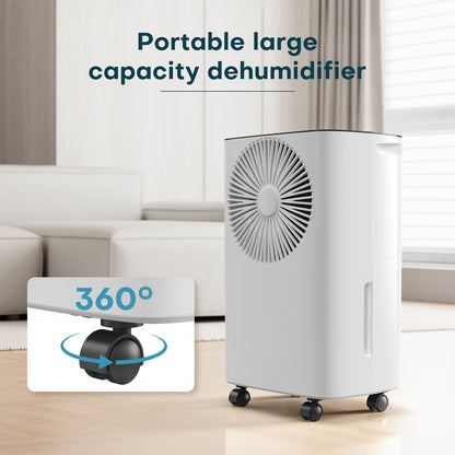 Luchtontvochtiger – Ontvochtiger – Vochtvreter – Dehumidifier – Luchtontvochtiger voor Huis – 12,5L per Dag – Slimme Automatische Vochtigheidsregeling – Continu Afvoer Met Wieltjes – Wit