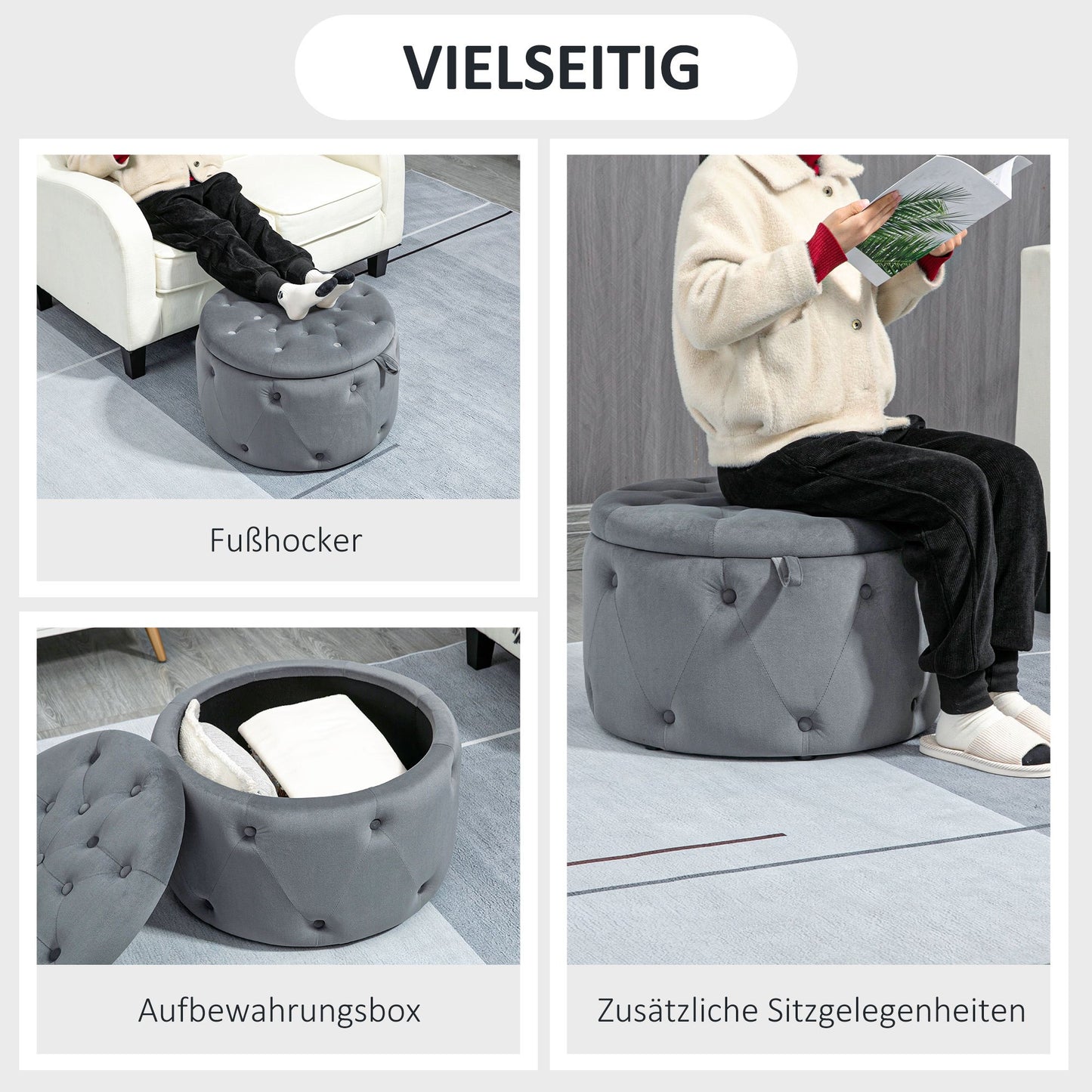 Poef – Opbergpoef – Hocker – Zitbank – Voetenbankje – Ronde Opbergstoel – Velvet Bekleding – Ø60 x 40 cm – Met Opbergruimte