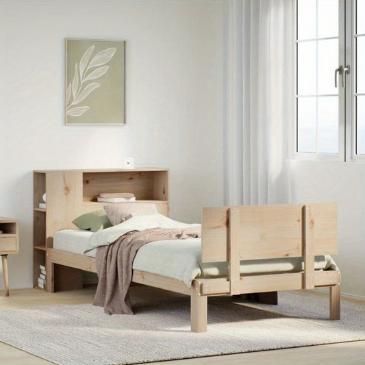Modern Solid Pine Wood Bookcase Bed - 90x200cm Removable Indoor Bed Frame with Storage Shelves, High-Quality Artificial Wood, Easy Assembly & No Assembly Required, Bed for Bedroom, Minimalist Design, Durable Construction