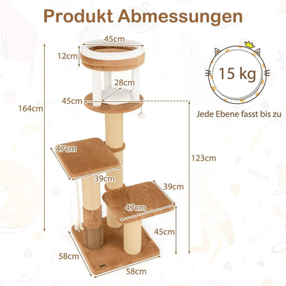 Kattenboom – Krabpaal – Klimmeubel – Kattenhuis – Kattenmeubel – 164 cm Hoog – Zacht Bekleed Met Sisaltouw