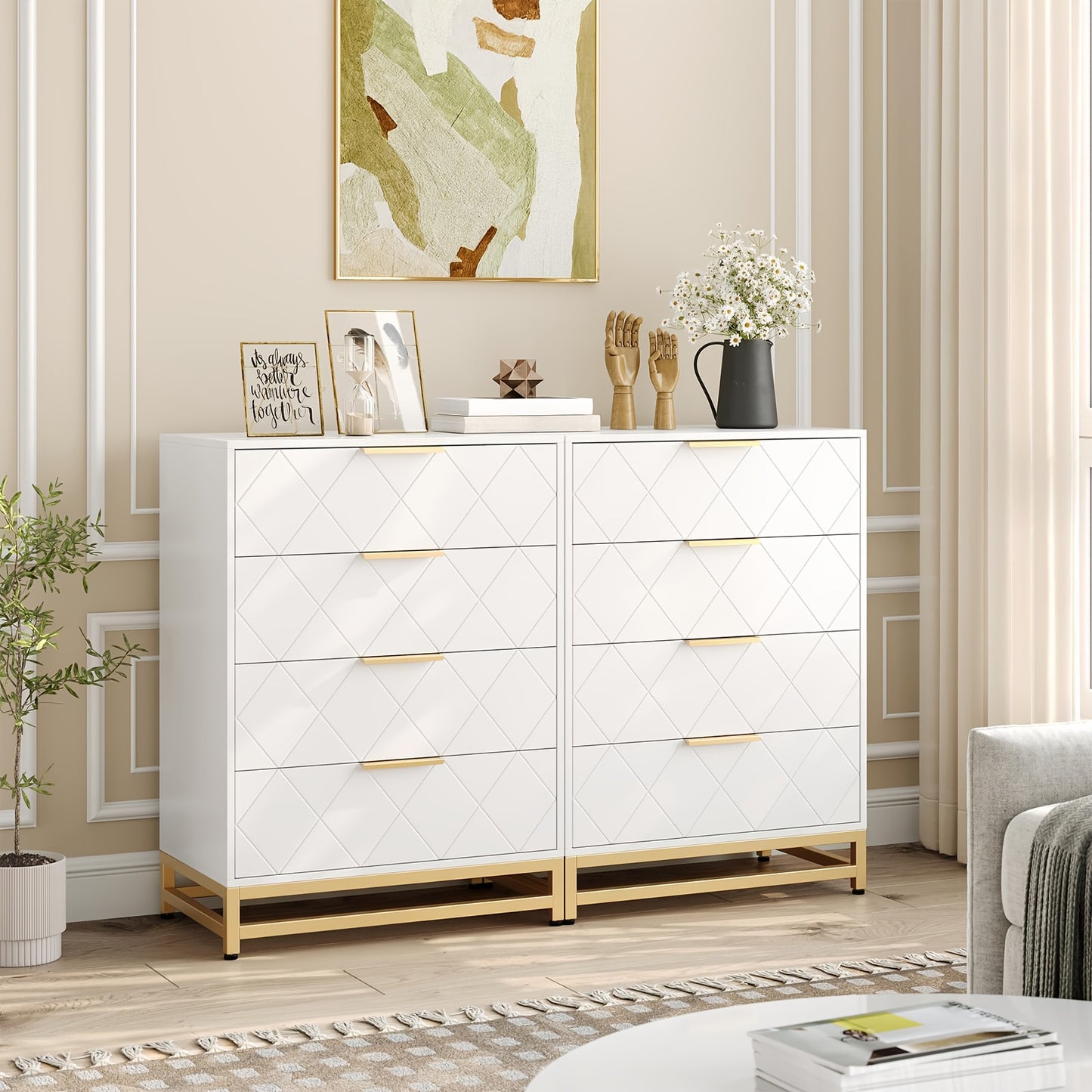 Kommode – Ladekast – Dressoir – Opbergkast – Ladekast Wit – 4 Lades – Gouden Metalen Poten – Anti-Kantel Veiligheid – Hardhout – Compact Design