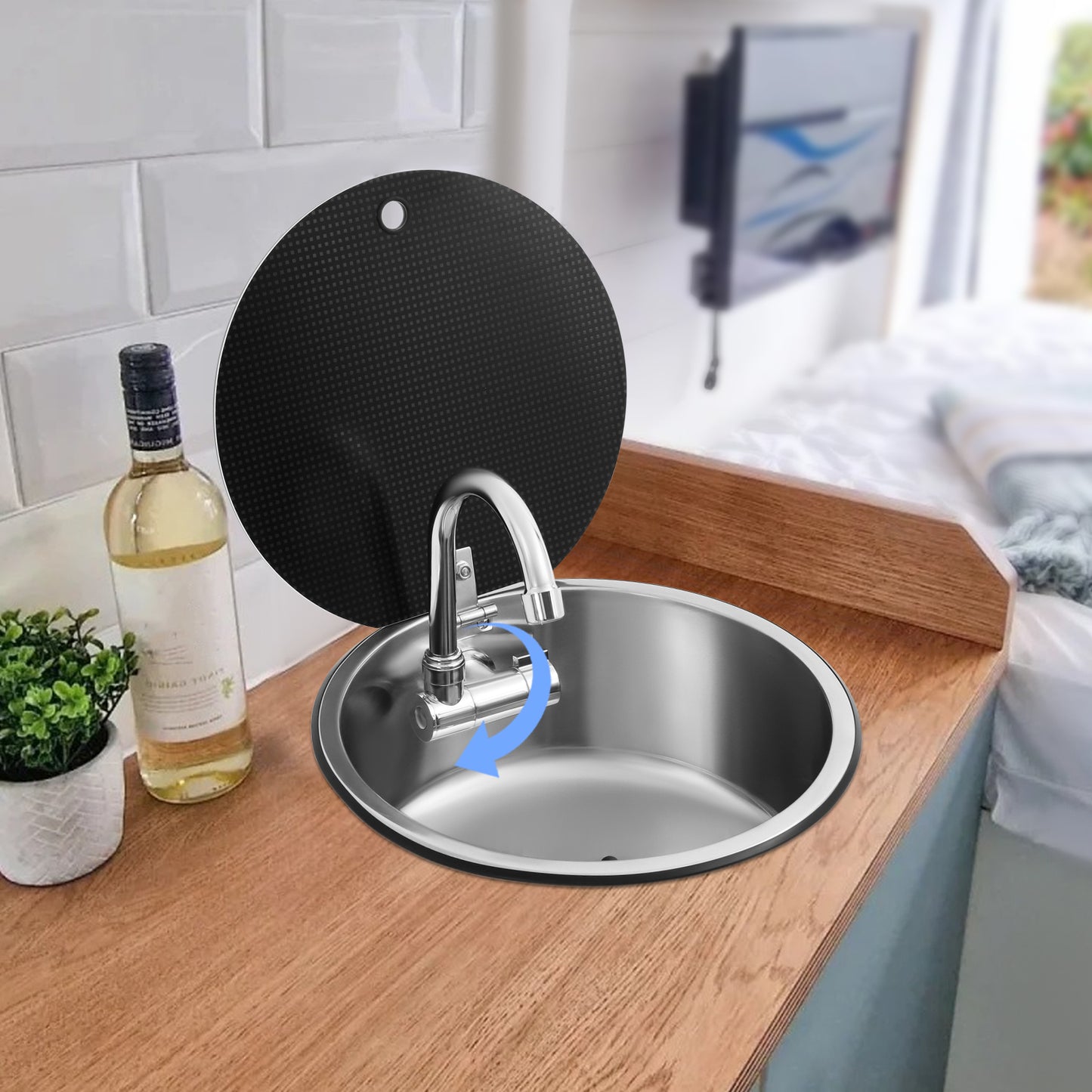Spoelbak – Wasbak – Keukenspoelbak – Gootsteen – Inbouwspoelbak – RVS 304 Roestvrij Staal – Compact Rond 34 cm Met Inklapbare Kraan