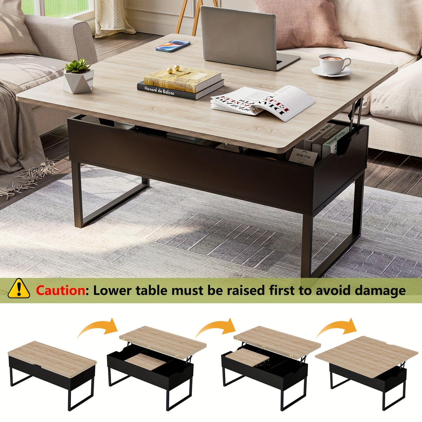 Koffietafel – Salontafel – Bijzettafel – Verstelbare Tafel – Uitschuifbare Lade – Dubbel Hefblad – Walnootkleur – Hoogte Verstelbaar – Verborgen Opbergruimte
