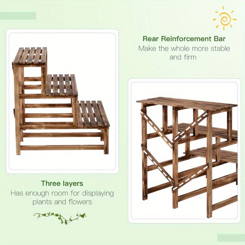 Plantenrek – Plantenstandaard – Plantentafel – Plantentrap – Bloemenrek – 3 Laags – Vurenhout Met Metalen Frame – 80 x 80 x 78 cm – Stevig & Rustiek