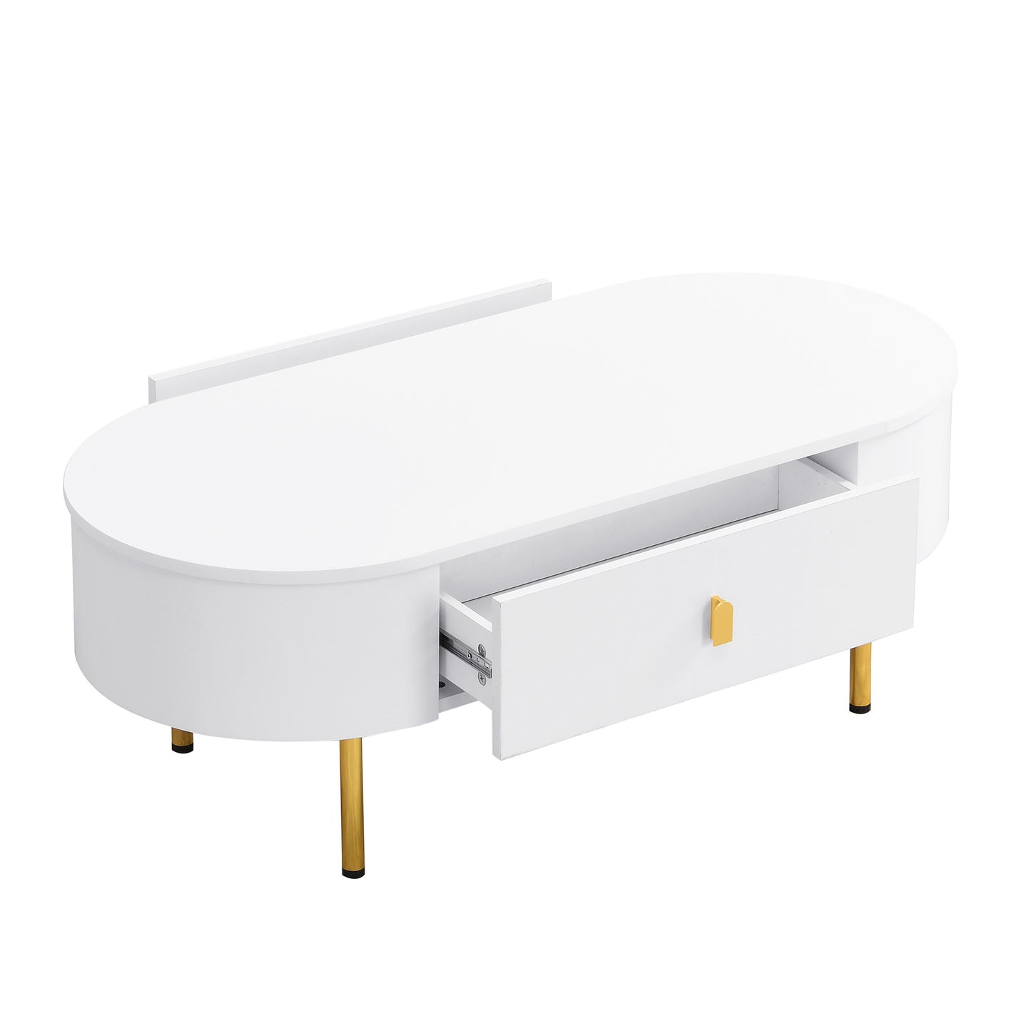 TV Meubelset – Tv Meubel – Salontafel – Lowboard – Woonkamermeubel – Afgeronde Vormen – Gouden Accenten – MDF Wit – Ruime Lades