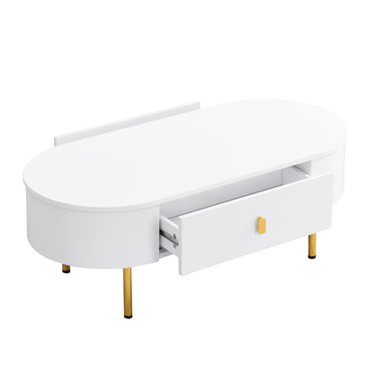TV Meubelset – Tv Meubel – Salontafel – Lowboard – Woonkamermeubel – Afgeronde Vormen – Gouden Accenten – MDF Wit – Ruime Lades