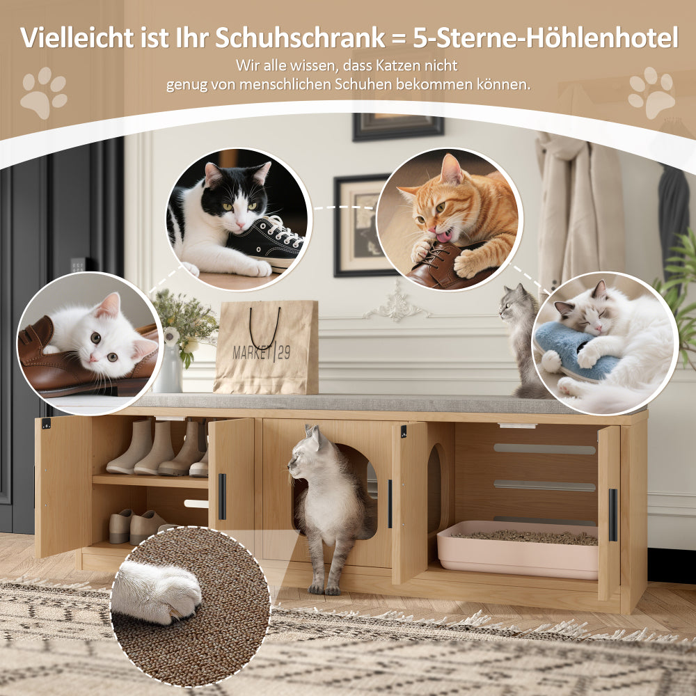 Krabpaal met Kast – Kattenhuis – Kattenbak Kast – Kattenmeubel – Kattenverblijf – Ruimtebesparend Design – Ventilatie en Krabpaal Geïntegreerd – 140x40x45,5 cm