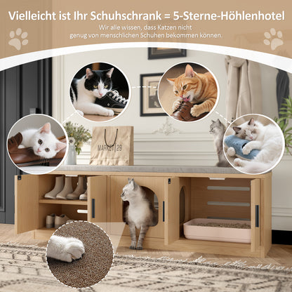 Krabpaal met Kast – Kattenhuis – Kattenbak Kast – Kattenmeubel – Kattenverblijf – Ruimtebesparend Design – Ventilatie en Krabpaal Geïntegreerd – 140x40x45,5 cm