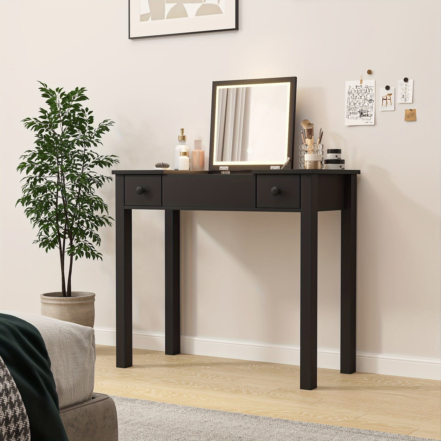 Make-up tafel – Kaptafel – Schminktafel – Vanity – Make-up bureau – Zwart hout – Ingebouwde Spiegel – Met lades