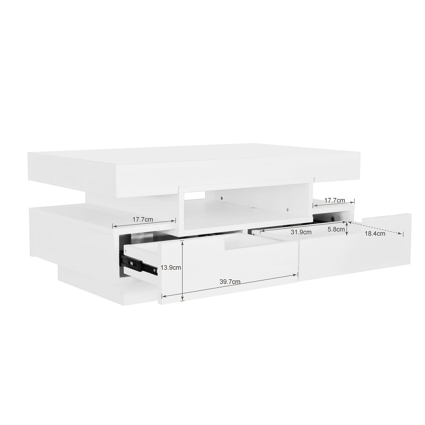 Modern White Metal Coffee Table with 4 Front & Back Drawers - High-Gloss Finish, Compact Design for Living Room, Bedroom, Office Storage, Coffee Table for Living Room, Bedroom Furniture, Contemporary Furniture, Sleek Finish