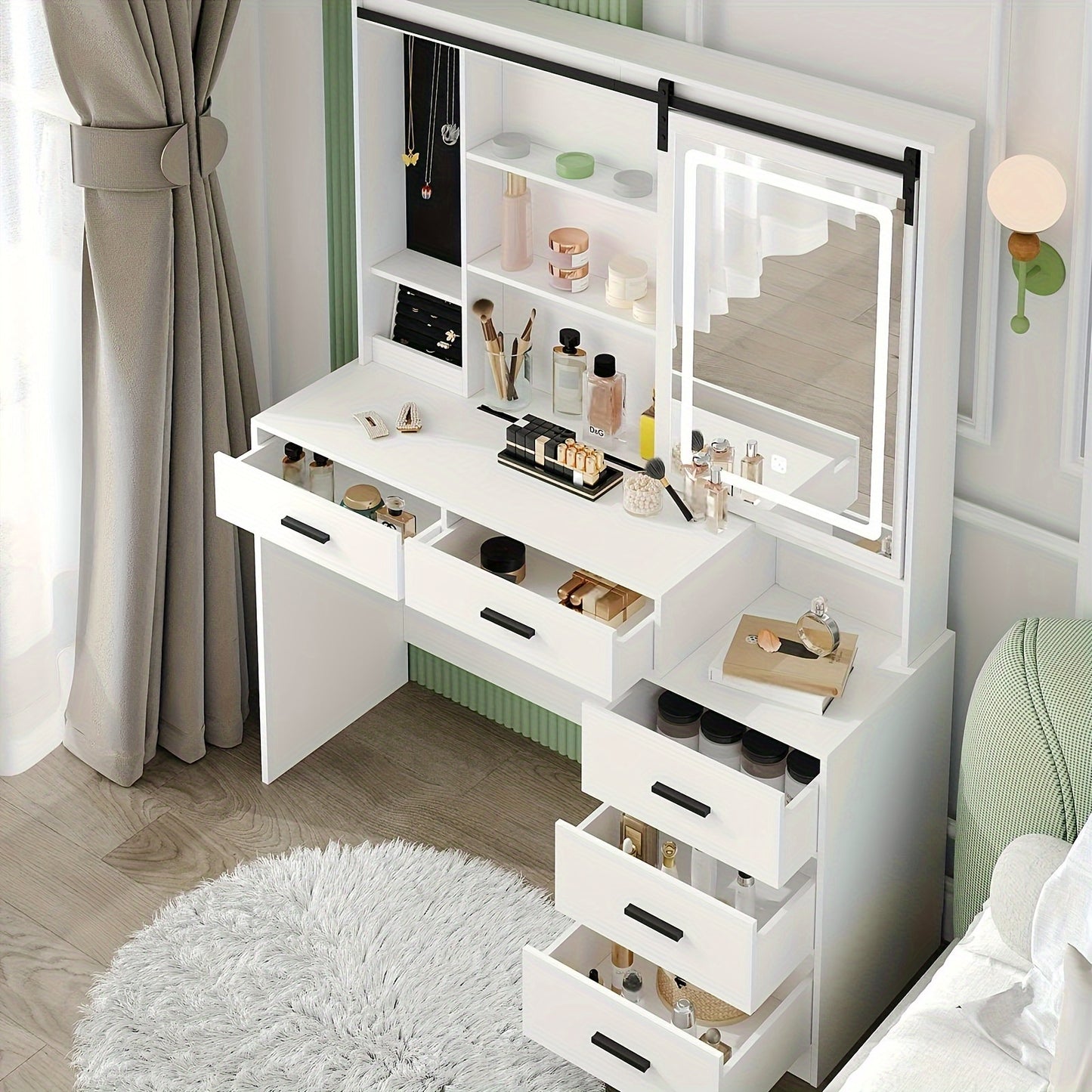 Kaptafel – Make-up Tafel – Vanity – Opmaaktabel – Cosmeticatafel – Verstelbare LED Verlichting – Grote Verplaatsbare Spiegel – Sieradenopslag – 5 Laden – Open Plank – Wit – 120x40x150 cm