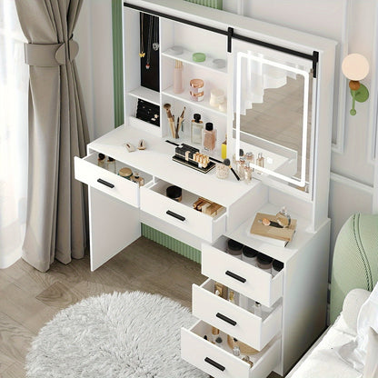 Kaptafel – Make-up Tafel – Vanity – Cosmeticatafel – Opmaaktafel – Verstelbare LED Verlichting – Grote Afneembare Spiegel – 5 Laden – Wit – Met Sieradenopslag – Open Plank