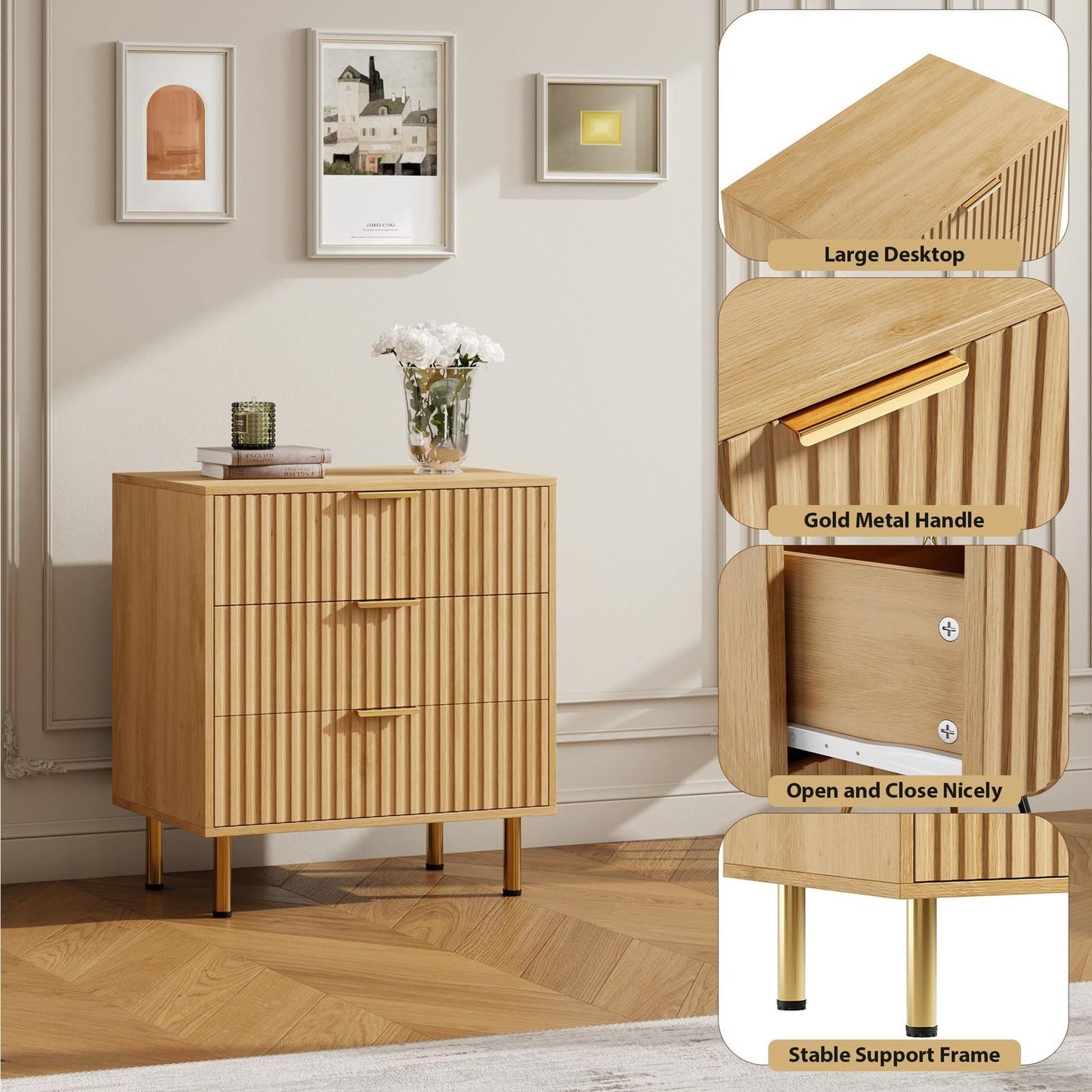 Nachtkastje – Bedside Table – Nachtkast – Opbergkastje – Ladenkast – Mid-Century Modern Design – Natuurlijk Eikenhout – 3 Ruime Lades – Compact 70x40x75 cm
